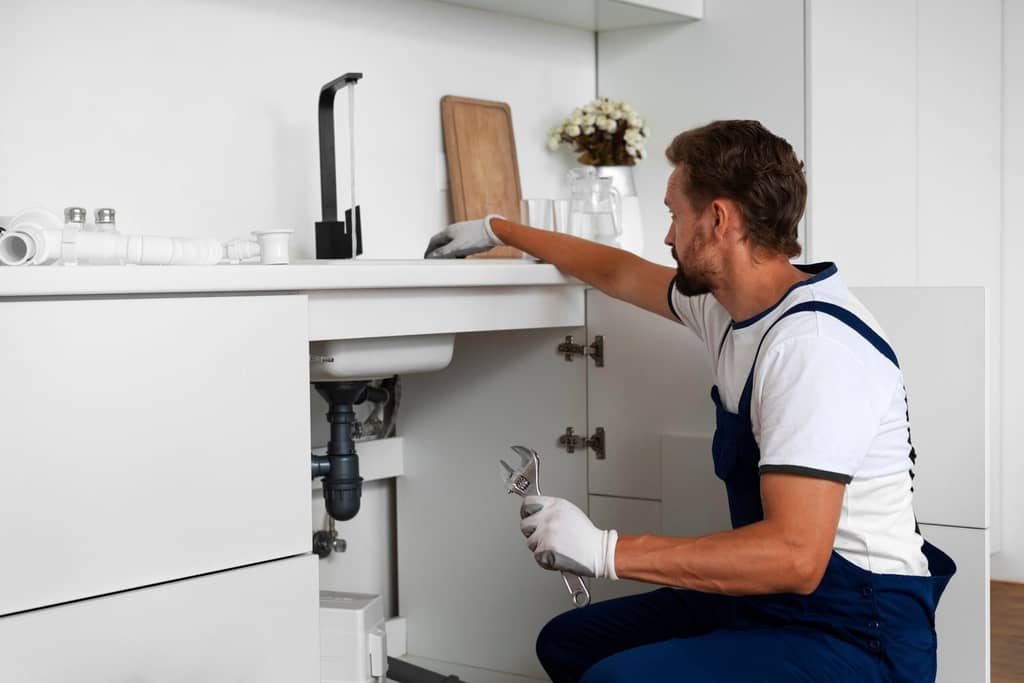 Contractor repairing plumbing beneath a kitchen sink