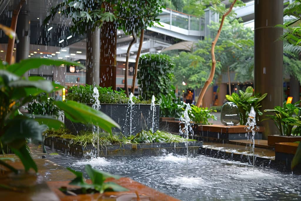 Courtyard water feature with plants and outdoor seating