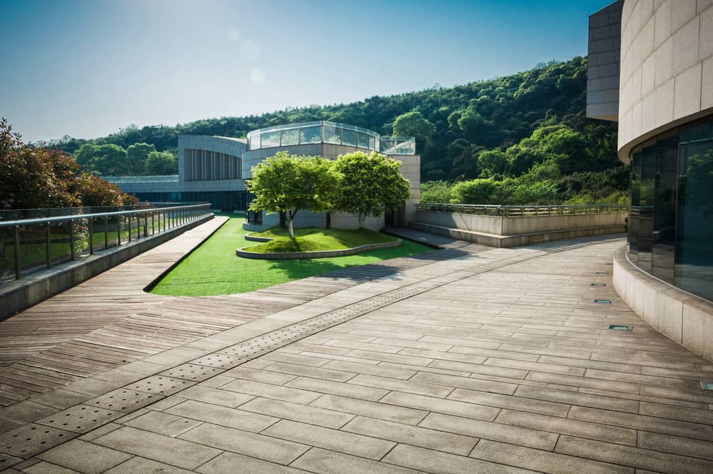 Modern concrete walkway outside commercial buildings