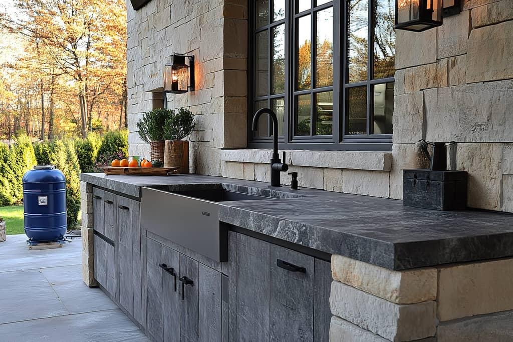 Outdoor kitchen with dark countertop, sink, and stone accents