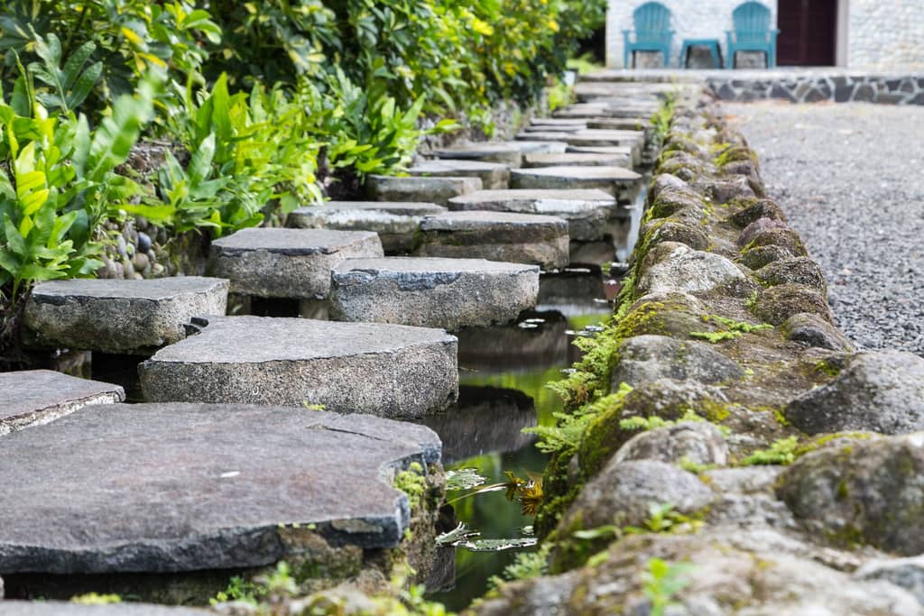 Stone stepping path through a landscaped garden bed