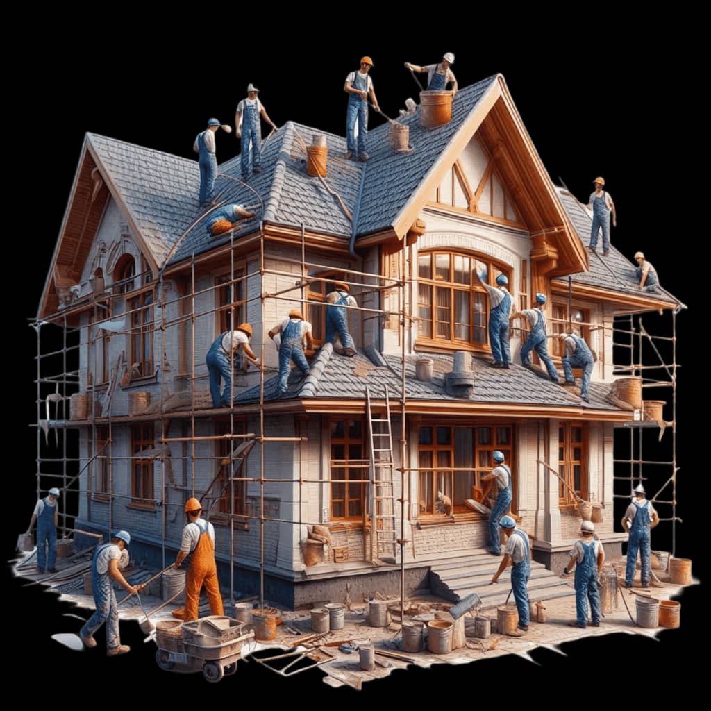 Victorian home exterior renovation illustration with contractors