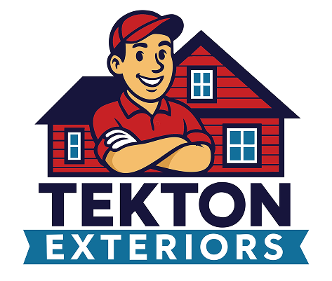 Tekton Exteriors logo featuring a smiling worker in a red shirt and cap, standing confidently in front of a red house, emphasizing quality concrete and hardscaping services.