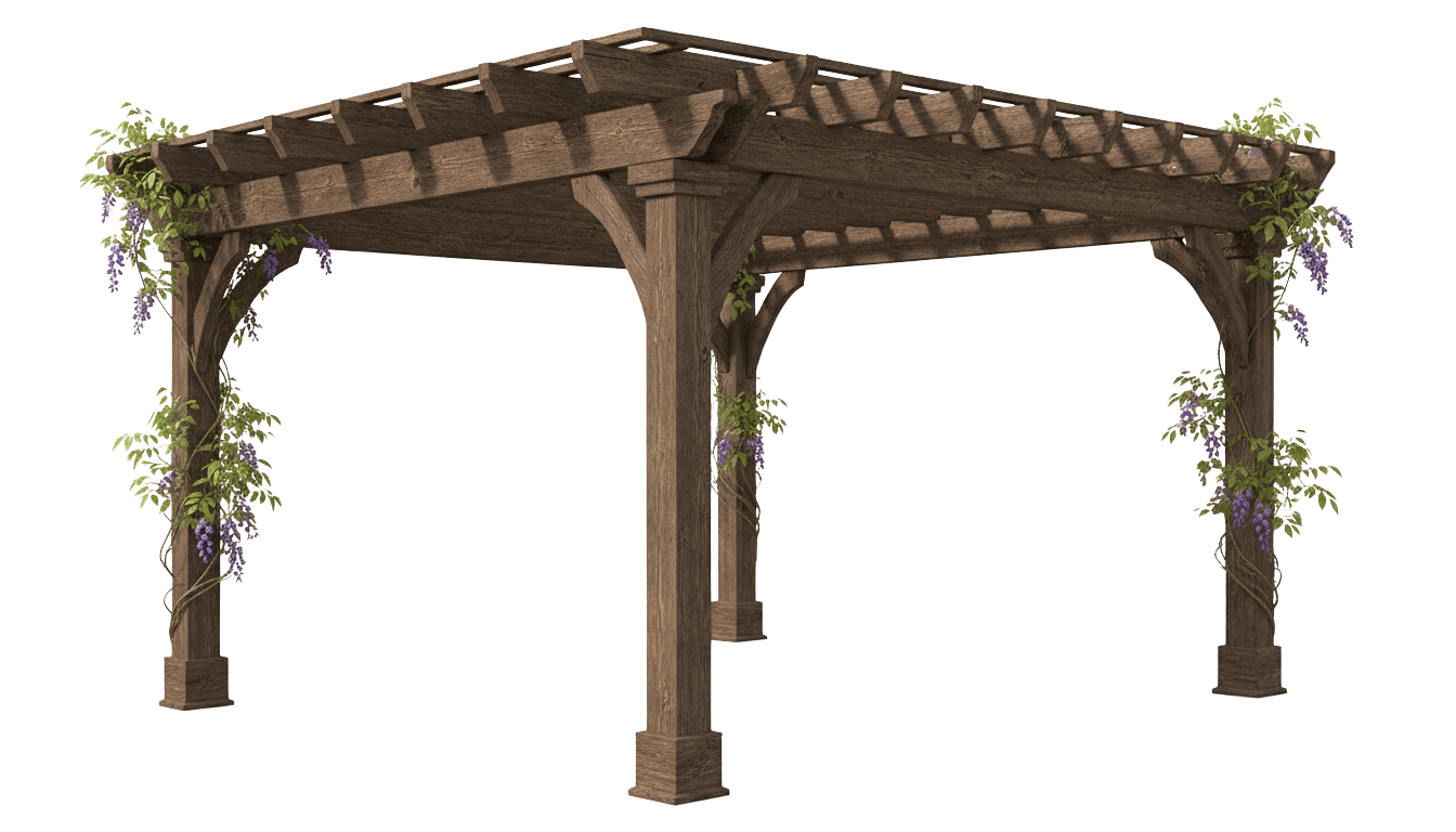 Custom wooden pergola with decorative vines and flowers, enhancing outdoor living spaces, representing Tekton Exteriors Mississippi's home remodeling services.
