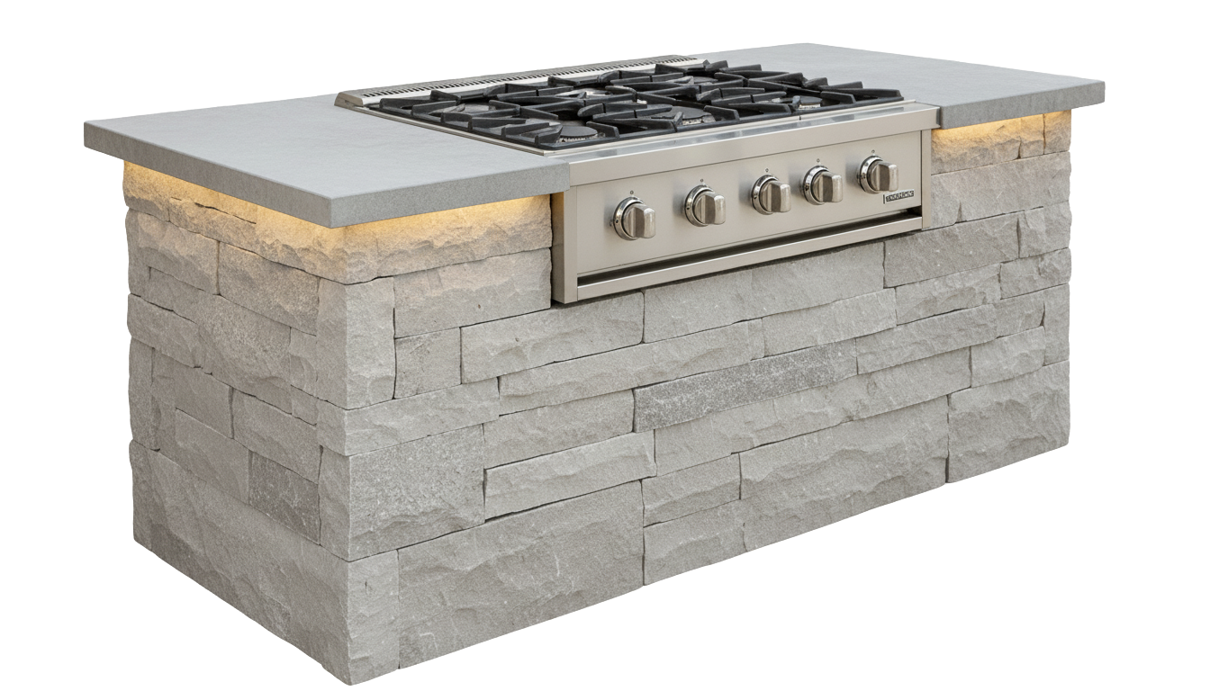 Outdoor kitchen grill with stainless steel burners and stone base, showcasing custom outdoor living space design by Tekton Exteriors in Oxford, MS.