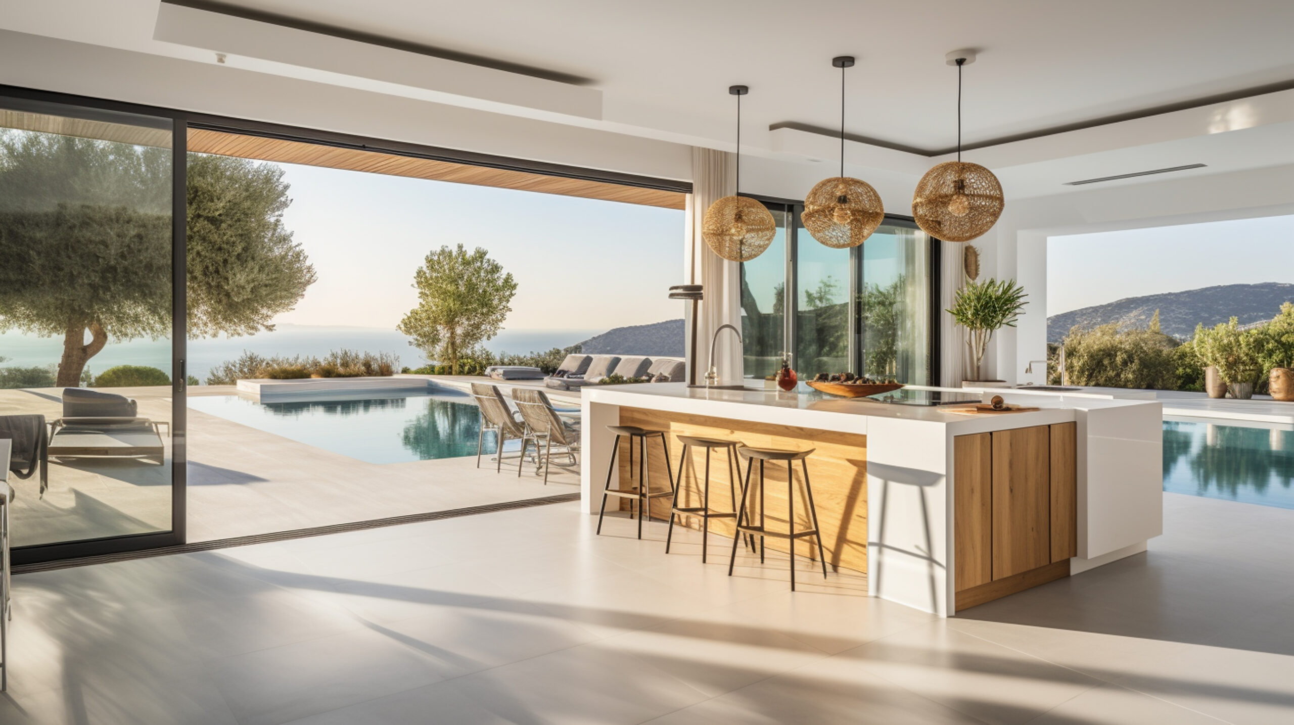 Modern kitchen interior design featuring a spacious layout, sleek white cabinetry, wooden accents, and panoramic glass doors opening to an outdoor pool area with loungers and lush greenery, emphasizing elegance and outdoor living.