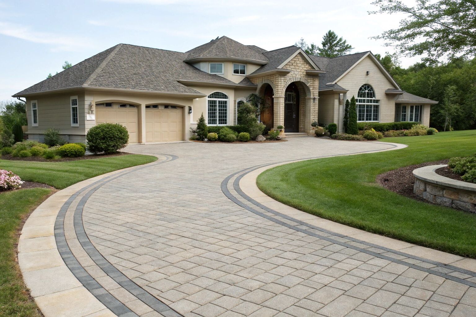 Decorative driveway with curved paver edging, showcasing a modern home and landscaped yard, emphasizing curb appeal and durability.