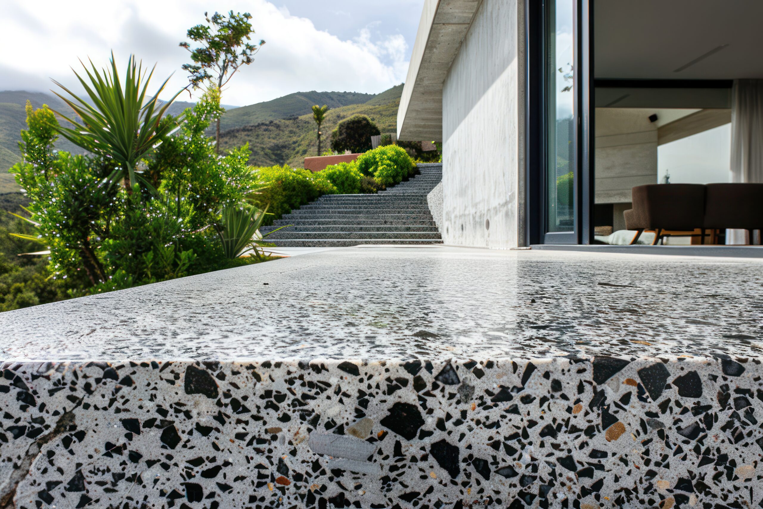 Granite countertop with a polished surface, showcasing durability and elegance, surrounded by lush greenery and modern architecture, ideal for outdoor kitchen designs by Tekton Exteriors in Oxford, MS.