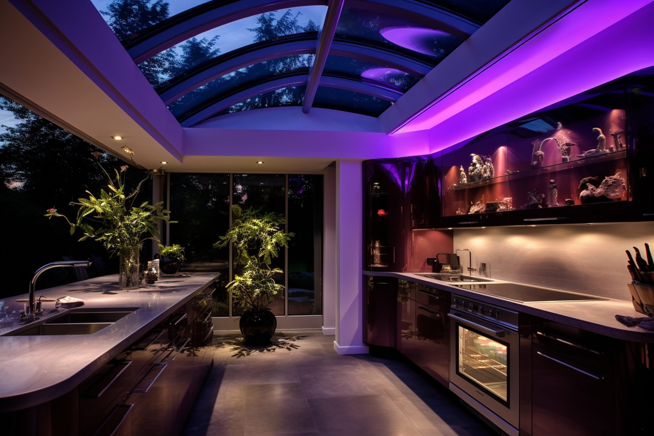Modern outdoor kitchen with ambient purple LED lighting, sleek countertops, and lush greenery, showcasing a stylish and inviting space for cooking and entertaining.