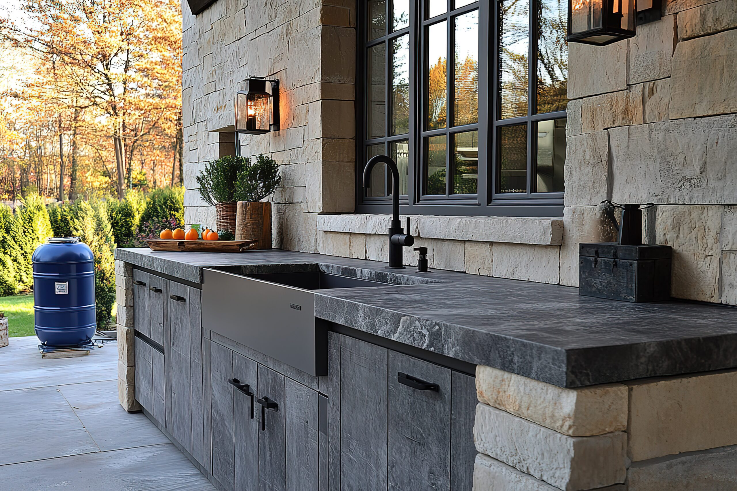 Outdoor kitchen featuring sleek dark countertop, modern sink, rustic stone accents, and decorative lanterns, designed for enhancing outdoor living spaces in Oxford, MS.