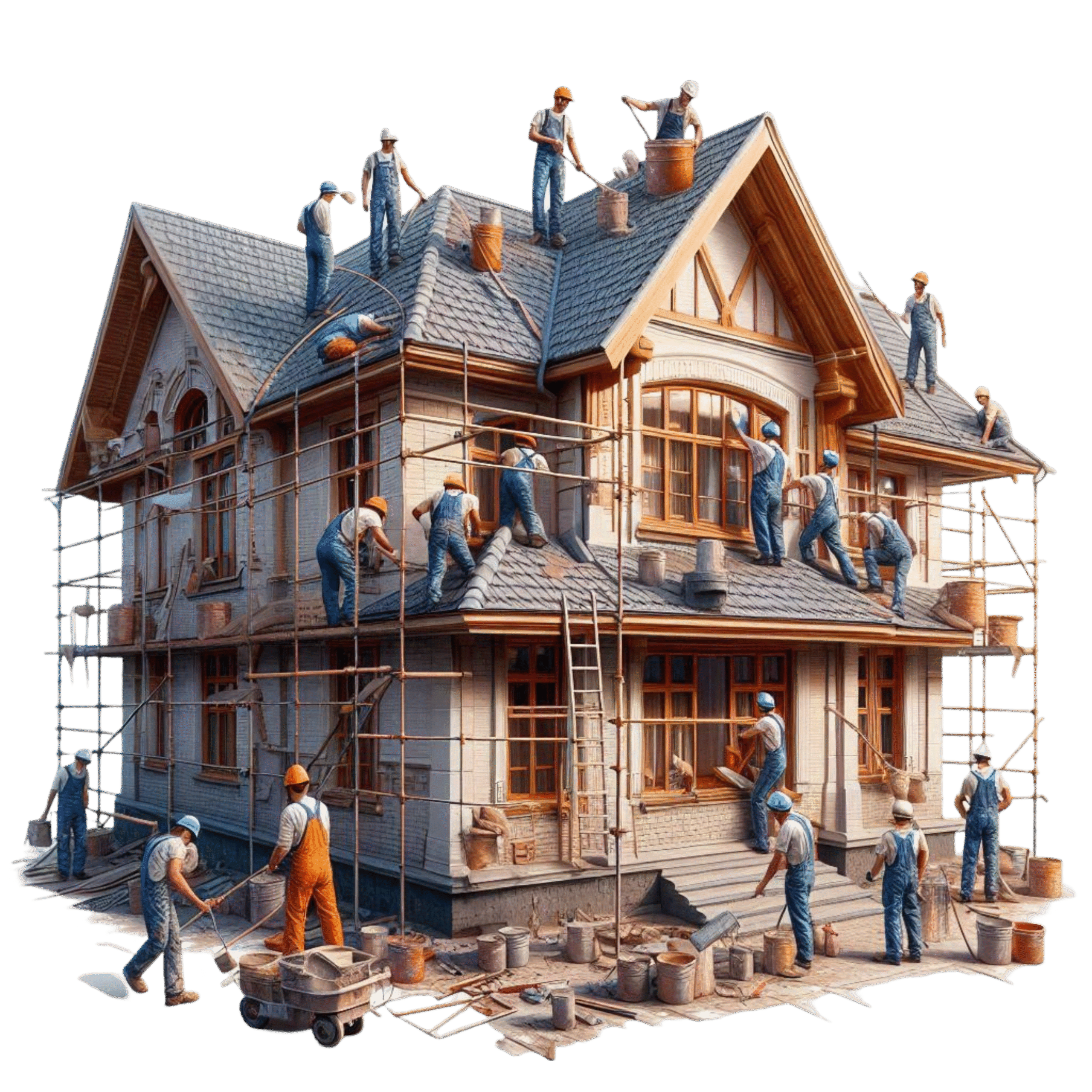 Construction workers renovating a Victorian-style house, focusing on roofing and exterior improvements, with scaffolding and various tools visible.