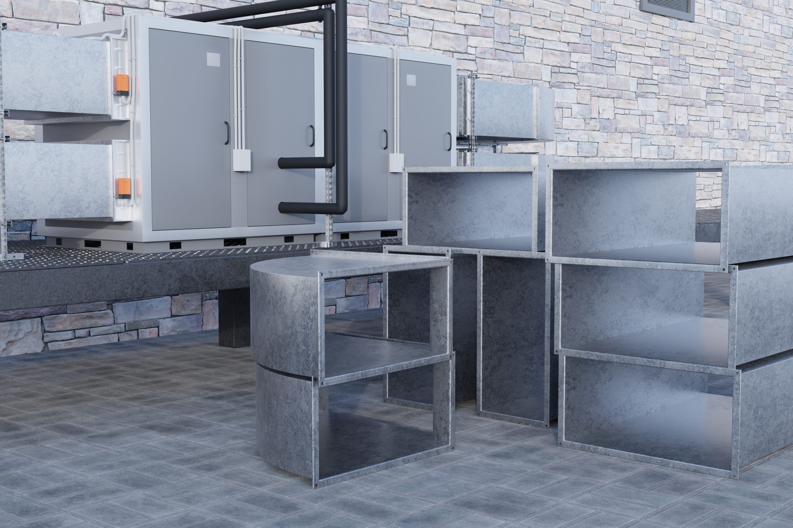 3D rendering of stainless steel outdoor kitchen cabinets and ventilation units against a stone wall, showcasing durable and weather-resistant materials for functional outdoor kitchen design.