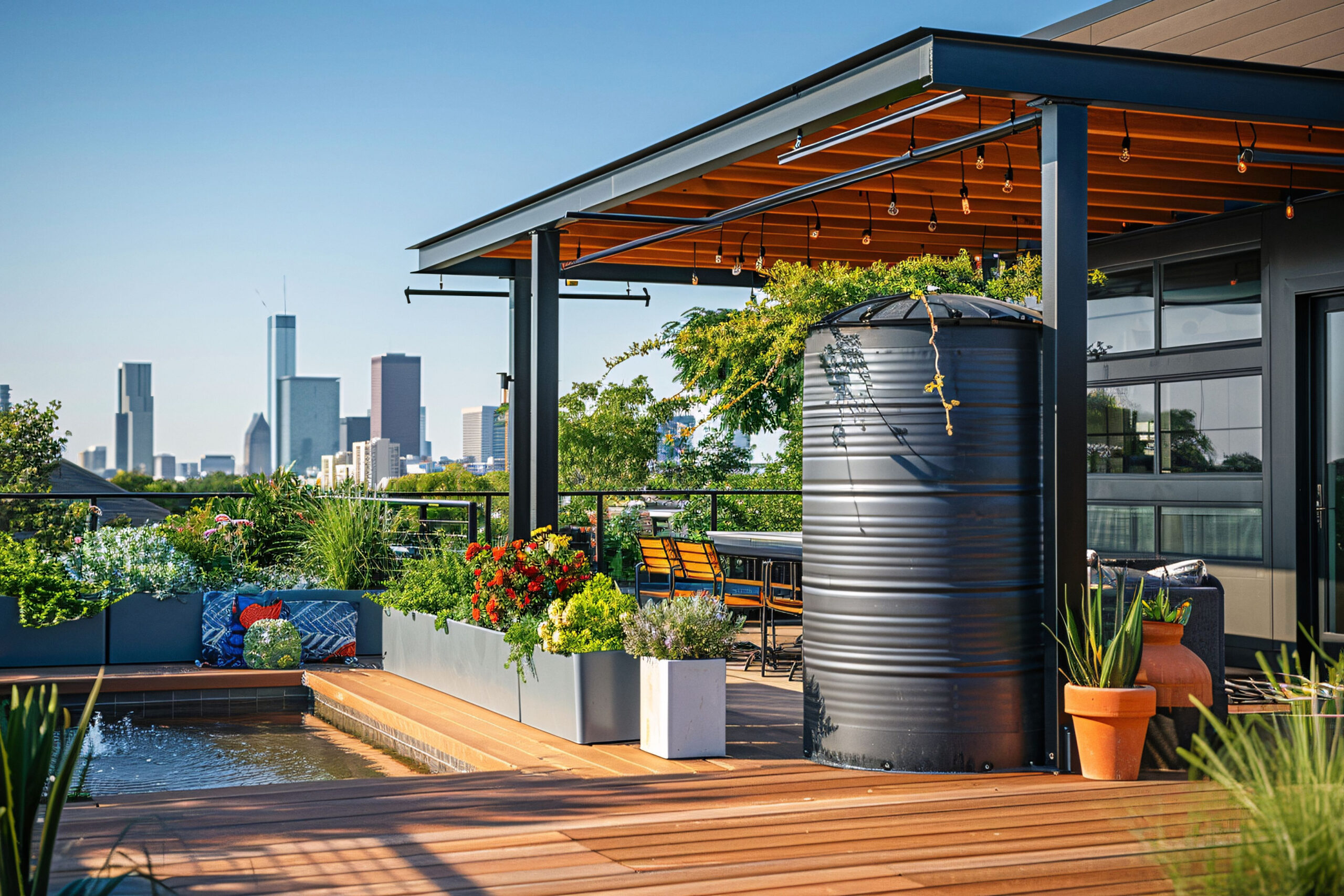 Covered outdoor cooking area featuring a black water tank, vibrant flower planters, and a stylish pergola with city skyline in the background, enhancing outdoor living in Oxford, MS.