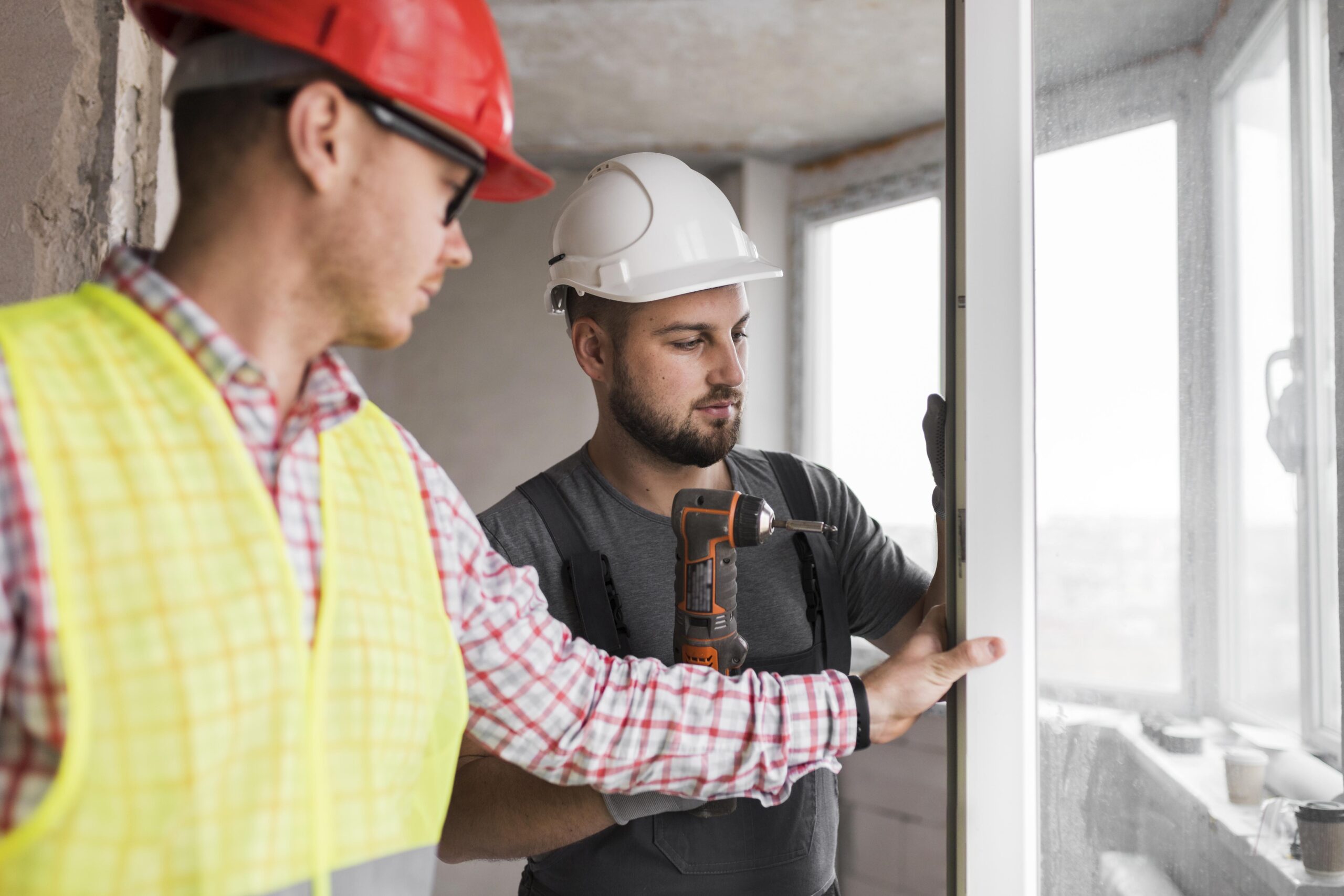 Men in safety gear collaborating on window installation, showcasing craftsmanship and teamwork in home improvement.