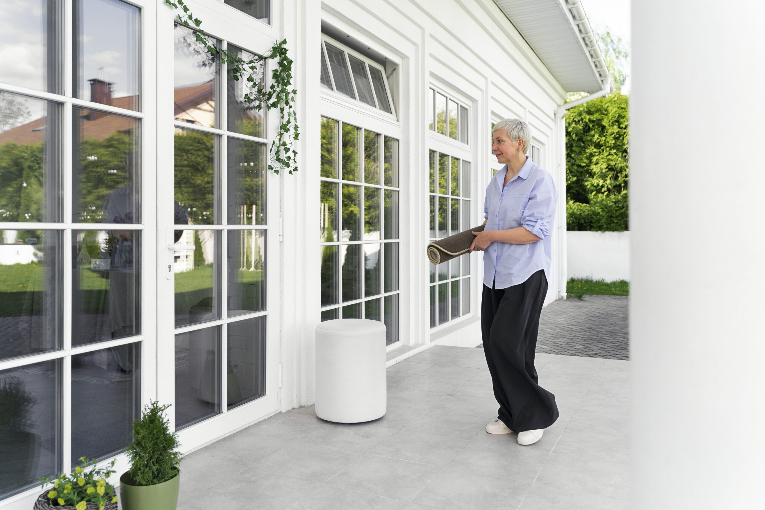 Woman decorating front door with energy-efficient windows in a modern home setting, showcasing comfort and curb appeal.