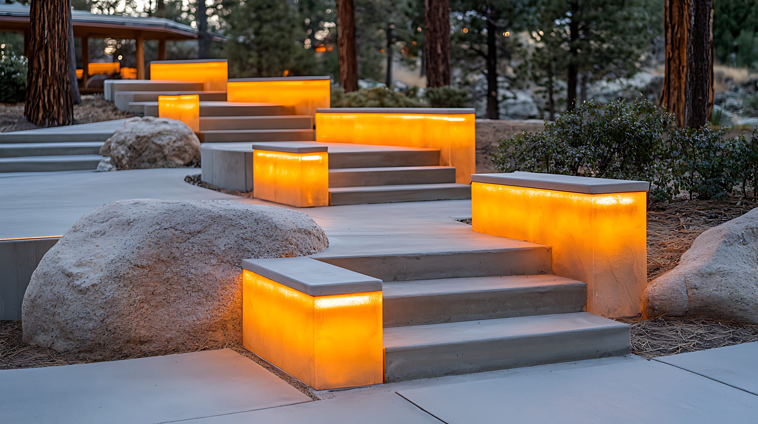 Illuminated outdoor steps and pathway with energy-efficient LED lights, enhancing safety and aesthetic appeal, surrounded by natural elements.