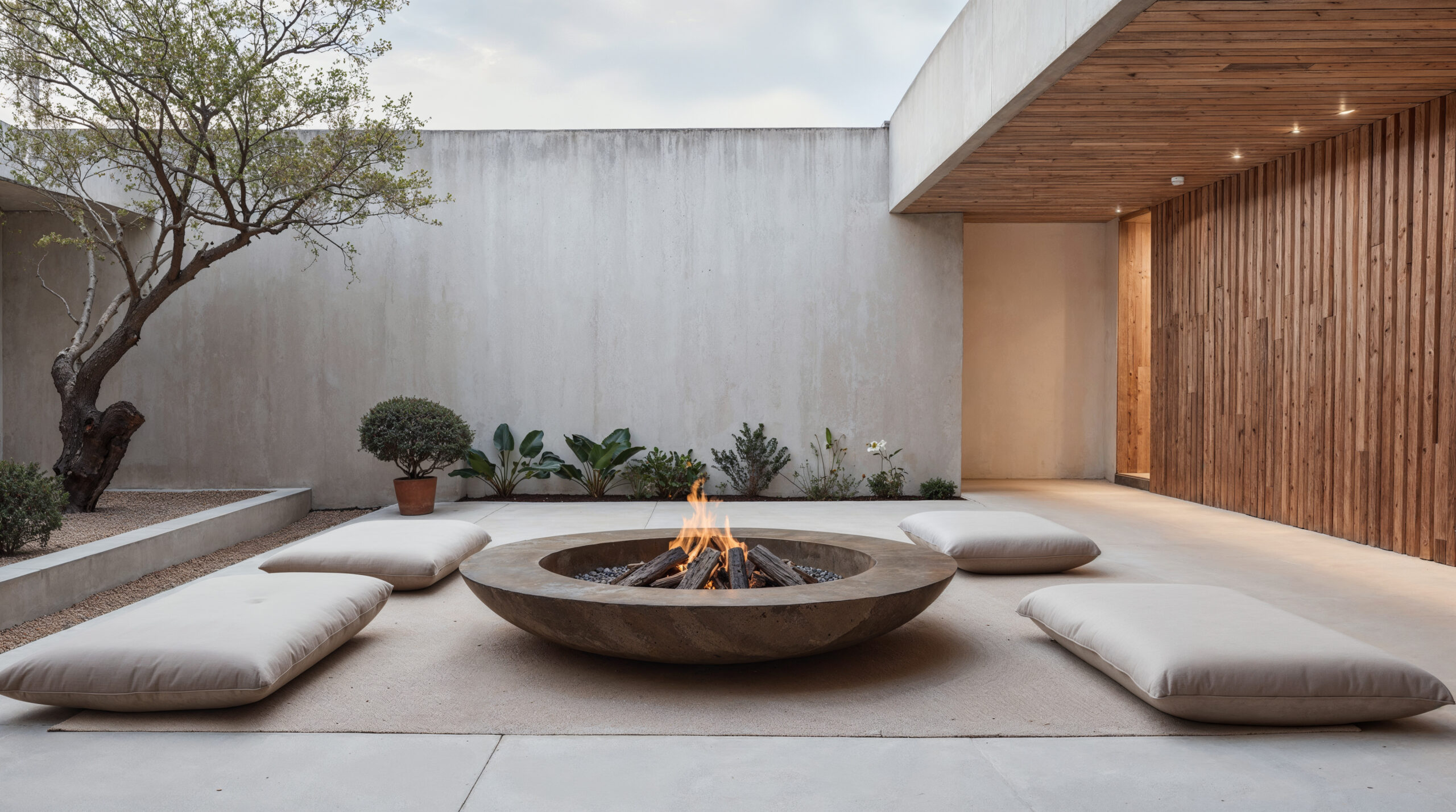 Minimalist courtyard featuring a circular stone fire pit surrounded by soft cushions, with a backdrop of textured walls, greenery, and wooden accents, emphasizing natural beauty and outdoor elegance.