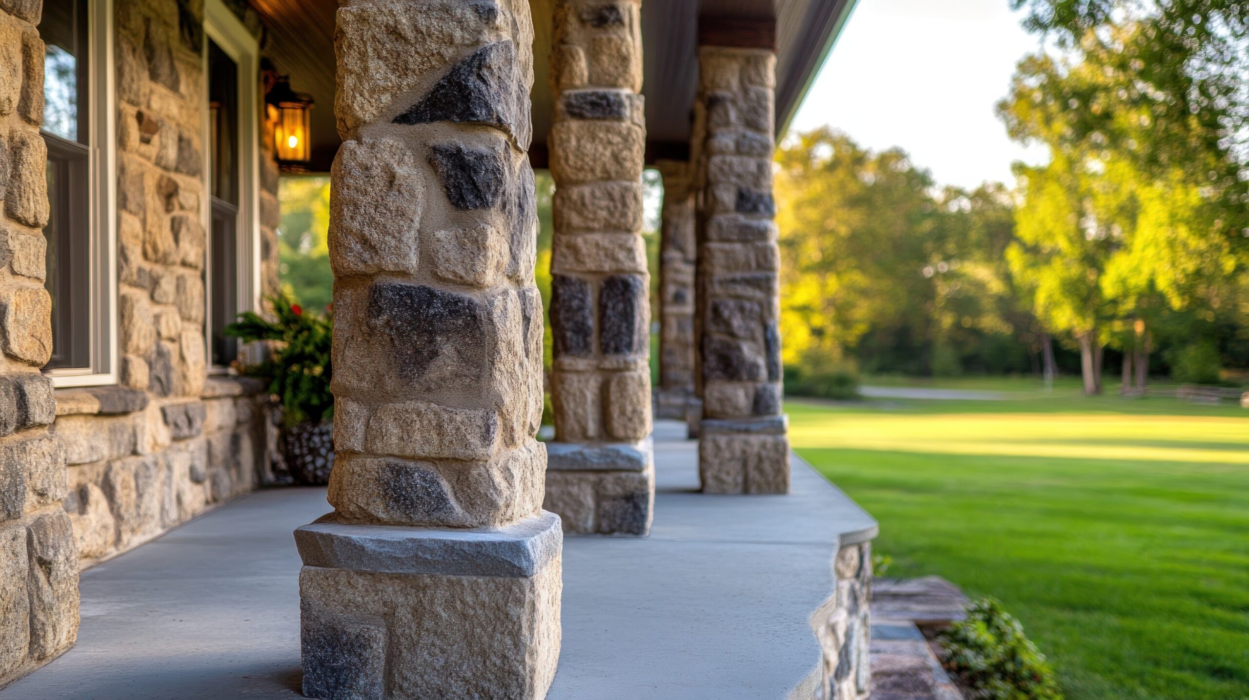 Rustic stone porch columns enhancing curb appeal, surrounded by a tranquil countryside view, showcasing craftsmanship and structural integrity for homes in Oxford, MS.