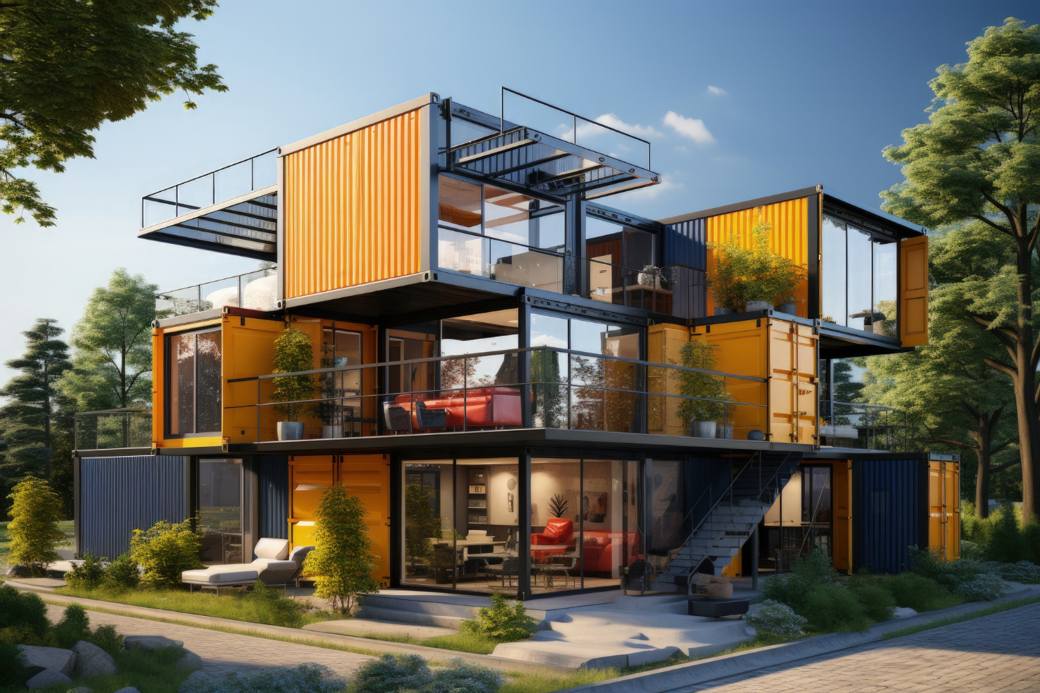 Modern multi-level home constructed from colorful shipping containers, featuring large glass windows, balconies, and surrounding greenery, representing innovative exterior design solutions.