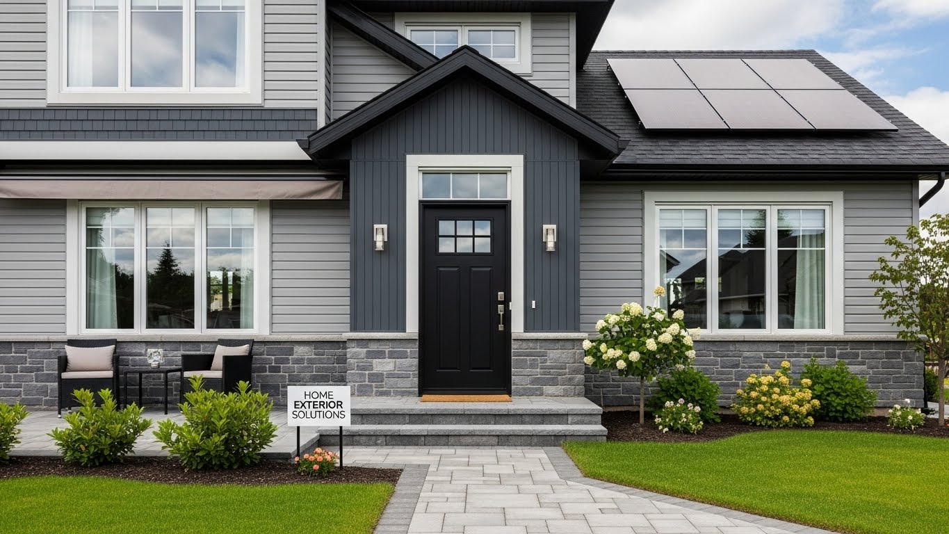 Modern home exterior featuring a black front door, large windows, solar panels, and landscaped garden with a sign reading "HOME EXTERIOR SOLUTIONS," representing Tekton Exteriors' services in Ridgeland, MS.