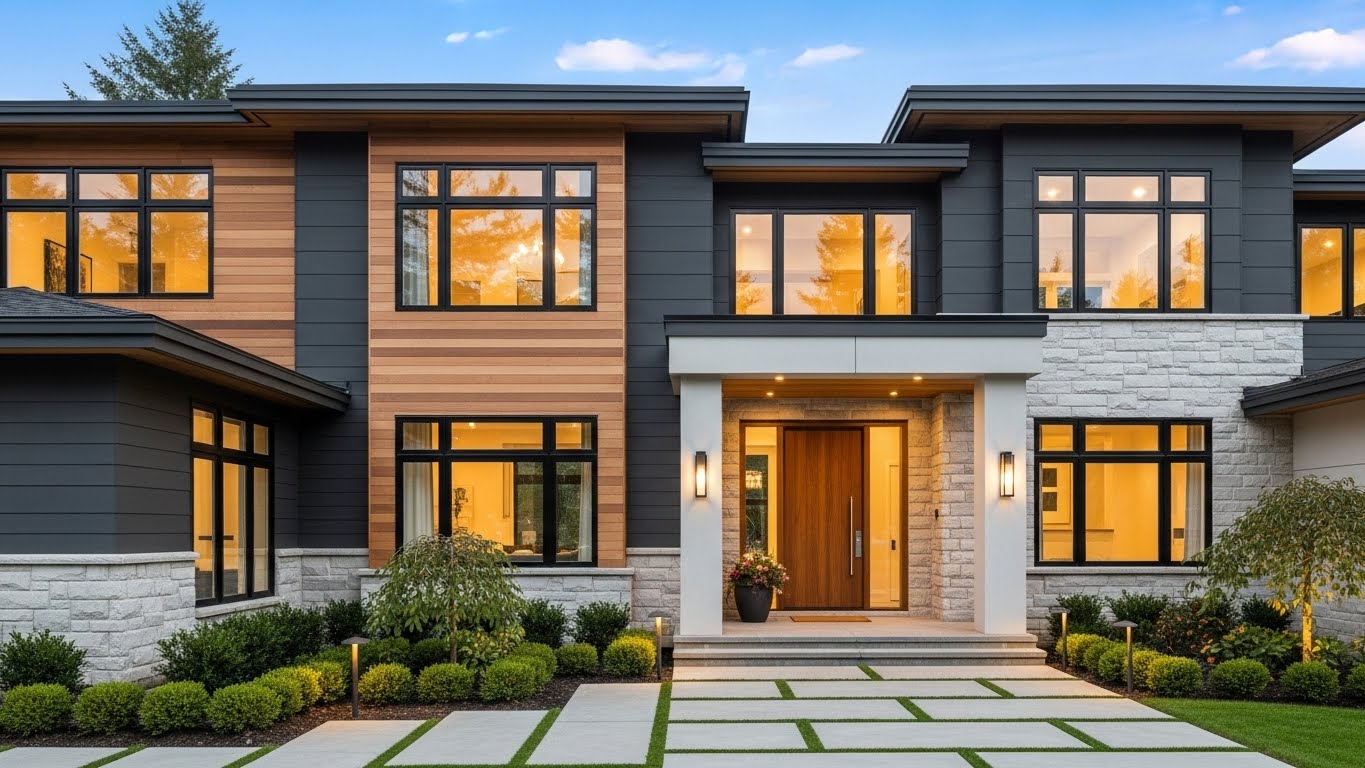 Modern home exterior featuring a blend of wood and stone materials, large windows, and a welcoming entrance, emphasizing Tekton Exteriors' expertise in home improvement services in Ridgeland, MS.