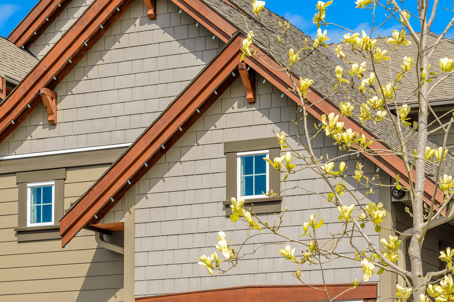 Home exterior featuring a modern design with shingle siding, wooden accents, and decorative windows, surrounded by blooming magnolia branches, highlighting Tekton Exteriors' roofing and siding solutions in Madison, MS.
